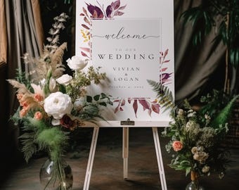 Floral Autumn Wedding Welcome Sign, Vertical Board