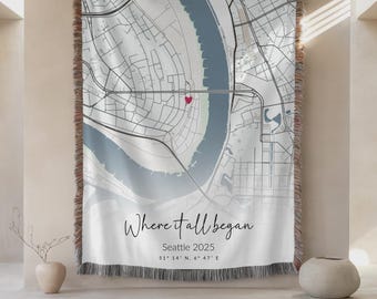 Personalized Street Map Woven Blanket, Custom Anniversary Gift, Where It All Began Map Art