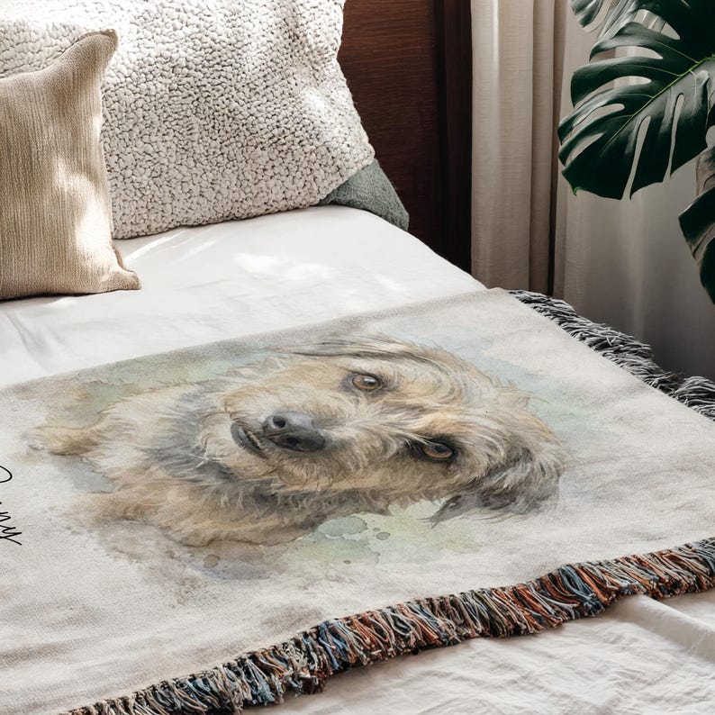 Custom Watercolor Pet Portrait Blanket, Woven Dog Photo Throw image 4