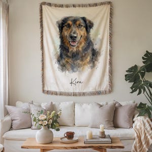 Custom Watercolor Pet Portrait Blanket, Woven Dog Photo Throw image 2
