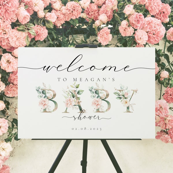 Baby Shower Sign, Baby Shower Welcome Sign Theme Girl Boy, Baby Shower Banner Outdoor Decoration, Rose Pink Floral
