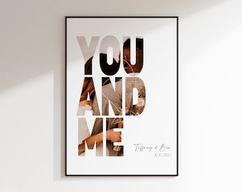 May include: A black and white photograph of a couple is used to create the words "You and Me" in a modern typography design. The text "Tiffany & Brian 10.10.2023" is below the image.