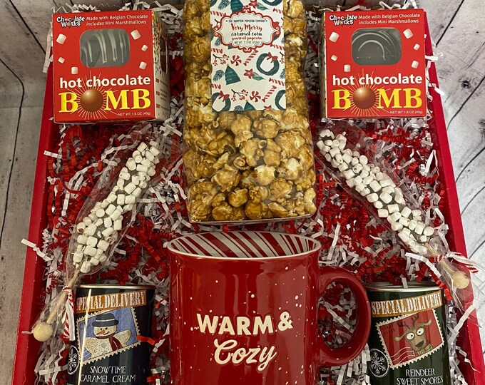 Christmas Hot Chocolate Bomb Gift Basket, Warm and Cozy Mug, Holiday