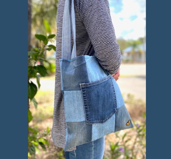 PATCHWORK TOTE BAG Denim Purse Patterned Lining Purchase 