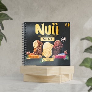 Quaderno Riciclato Unico Gelati Nuii - Copertina da Scatole di Prodotti - Carta Riciclata Interna - Rilegatura a Spirale in Alluminio