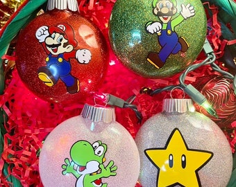 Custom Mario, Luigi, Yoshi, and Power Star Inspired Christmas Ornament Set