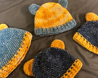Bear Ear Crochet Baby Hat Velvety Soft Blue Yellow