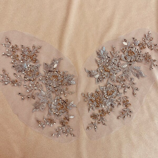 Rose Gold Beaded and Sequin Lace Appliqués