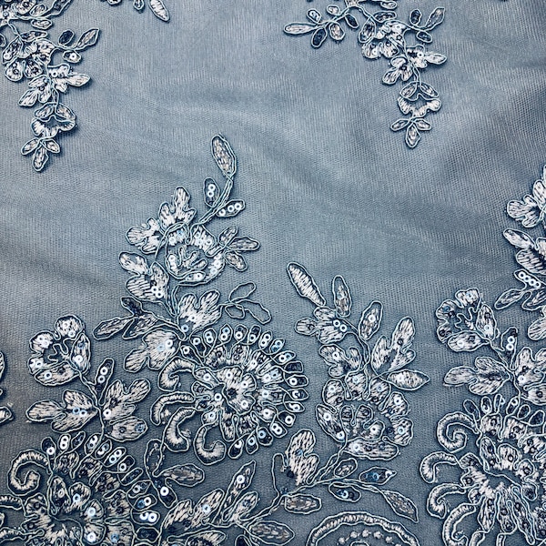 Light Blue Double Scalloped Lace on Mesh with Sequins