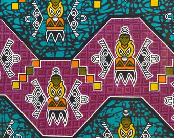 May include: A repeating pattern of stylised figures with geometric designs in shades of teal, purple, orange, yellow, white, and black.