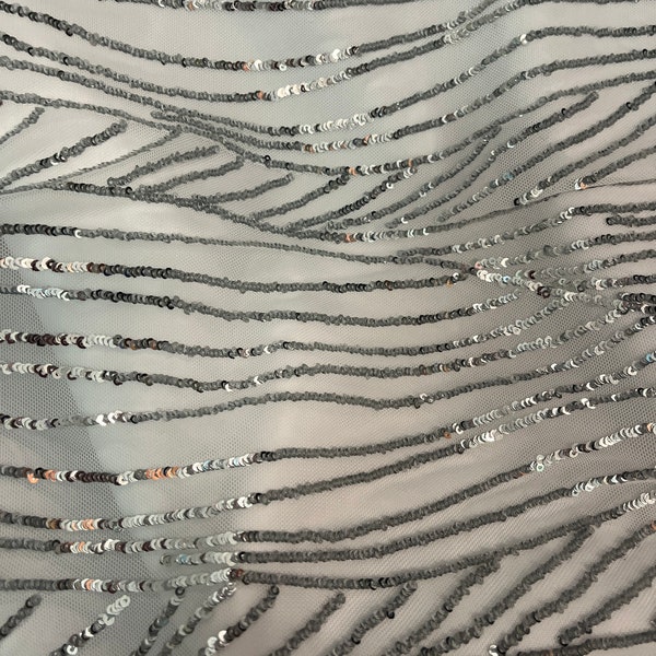 Silver Sequins on White Stretch Mesh Fabric