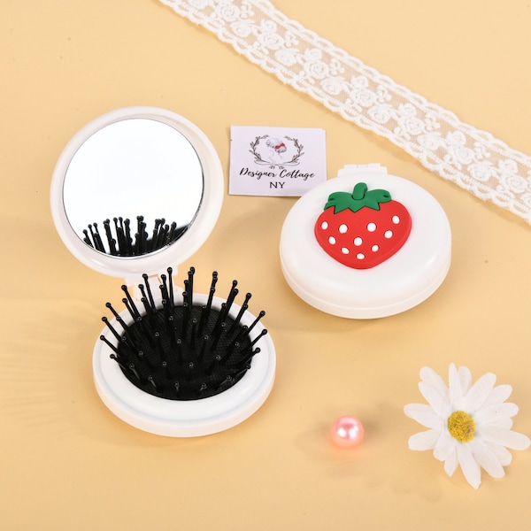 Avocado/Strawberry Cute Pocket Round Folding Hair Brush, Folding Travel Mirror ,Mini Pop Up Hair Comb, Airbag Portable Massage Folding Comb