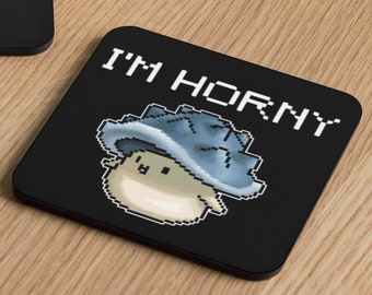 I&#39;M HORNY - Funny MapleStory Mushroom Meme - Nostalgic Video Games - MMORPG Nostalgia - Cork-Back Coaster for Coffee & Tea - Hot Beverages