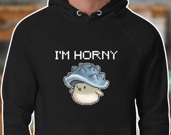 I'M HORNY - Funny Pixel Mushroom Black Hoodie - Video Game Humor