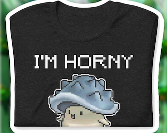 I'M HORNY! MapleStory Mushroom Joke Shirt - Retro Pixel Gaming Tee