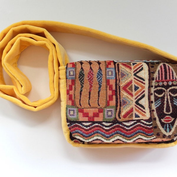 Small Handmade Crossbody, Boho Bag, African Mask Tapestry Fabric, Wide Velvet Strap, Individually Created, Ethnic Gift For Her