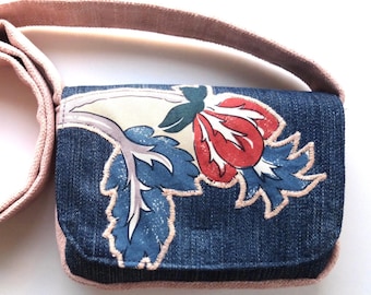 Handmade Appliqued Denim Crossbody Bag, Vintage Floral Fabric