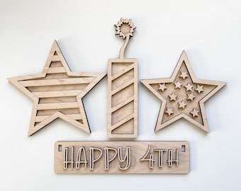 Happy 4th DIY Wood Wagon or Crate Inserts, Unfinished Wood Blank Kit, Home Decor for Shelf or Tiered Tray, 4th of July Stars and Fireworks