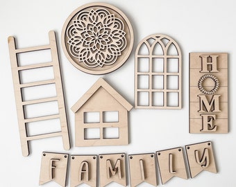 Family Home Unfinished Tiered Tray Decor Bundle, Wood Blanks to Decorate for Home Decor, Family Wood Banner