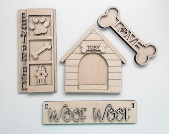 Dog Woof DIY Wood Wagon or Crate Inserts, Unfinished Wood Blank Kit, Wagon or Crate Home Decor for Shelf or Tiered Tray, Gift for Dog Lover