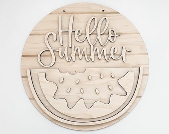 Hello Summer Watermelon Door Hanger, Watermelon Unfinished DIY Wood Kit, Blanks to Decorate Home Decor, Summer Shiplap DIY Sign