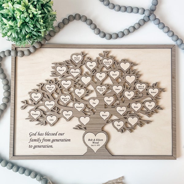 Wood Family Tree Wall Hanging, Engraved Gift for Anniversary Wedding Birthday Christmas Hanukkah, Custom Family Tree Home Decor