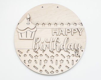 Happy Birthday Door Hanger, Birthday Cupcake Unfinished DIY Wood Kit, Blanks to Decorate Home Decor, Front Door DIY Sign