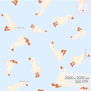 Puede incluir: Un patrón de tela azul claro con una ilustración repetida de gansos blancos con picos y patas naranjas. Los gansos están orientados en varias direcciones sobre la superficie. El texto RD Little Star está impreso en pequeñas letras marrones.