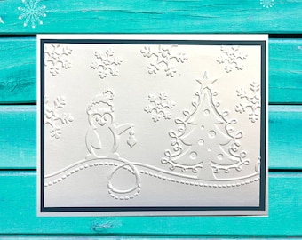 Winter Greeting Card Embossed White Penguin and Tree | Christmas Card, Holiday Note Card, Handmade Cards