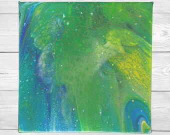 6X6 Acrylgemälde auf Leinwand in blau, grün, gelb und gold, Titel AURORA II