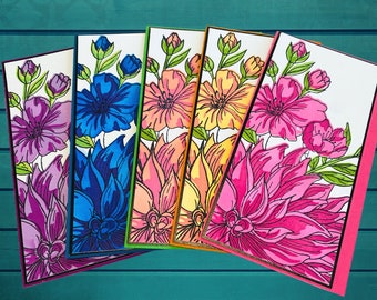 Stunning and Vibrant Floral Greeting Card Set of 5 | Handcrafted Cards Featuring Slimline Size, Blank, Thank You, Or Note Card