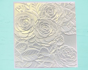 Beautifully Embossed Greeting Card featuring Stunning Pearlized White Rose Bouquet