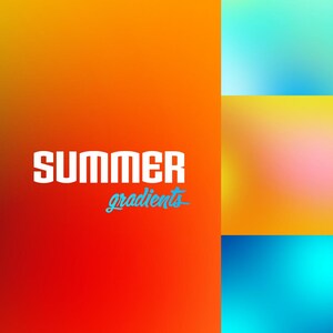 May include: A vibrant graphic featuring the text "SUMMER gradients" in white and teal. The background showcases a gradient of colors, including orange, yellow, blue, and teal, creating a bright and summery feel. The design is suitable for digital art or design projects.