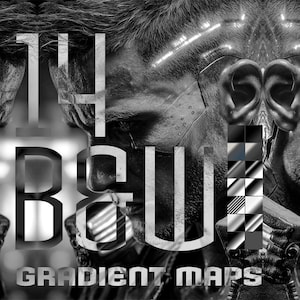 Puede incluir: Arte digital en blanco y negro que presenta el rostro de una persona superpuesto con texto y muestras de degradado. El texto dice "14 B&W GRADIENT MAPS" en una fuente audaz. La imagen tiene una estética futurista y cyberpunk.