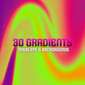 Könnte beinhalten: Abstrakte digitale Kunst mit einem lebendigen Gradienten-Hintergrund in Lila-, Rosa- und Grüntönen. Der Text "30 GRADIENTS" wird in einer fetten, lila-rosa Schrift angezeigt, darunter "OVERLAYS & BACKGROUNDS".