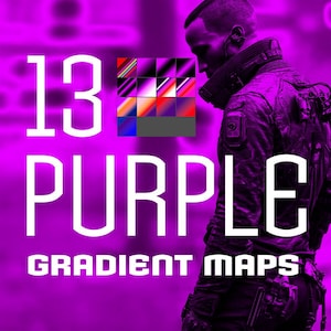 May include: A digital art graphic with the text "13 PURPLE GRADIENT MAPS" in white. The image features a person in a purple jacket and a grid of gradient color swatches in various shades of purple, red, and blue.