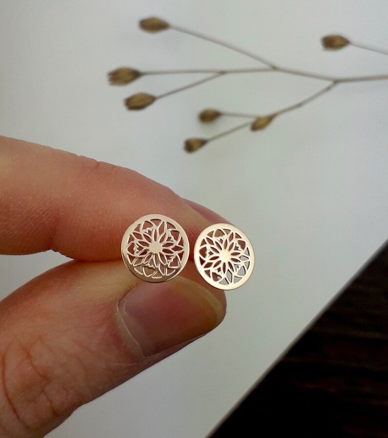 Mandala sun stud earrings rose gold 1 pair 925 sterling silver image 1