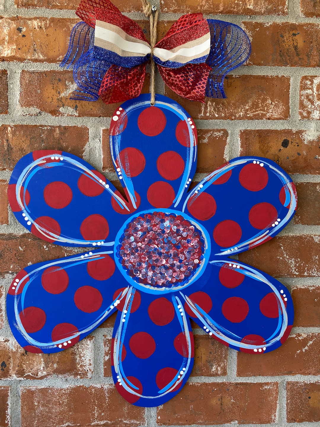 Patriotic Flower Door Hanger Red White and Blue Sign July 4th Door