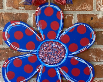 Patriotic Flower Door Hanger: Red, White, and Blue July 4th Decor