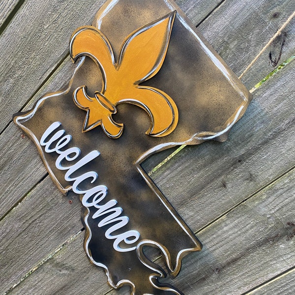 Louisiana | NOLA door hanger | Saints | Fleur de lis | New Orleans door hanger | Louisiana Door hanger | black and gold Louisiana