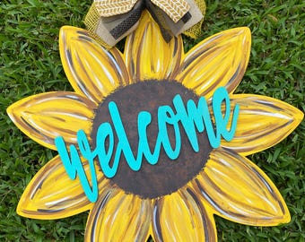 Hand-Painted Sunflower Welcome Door Hanger - Fall Decor (20")