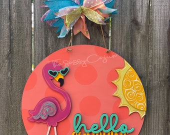 Flamingo Door Hanger | Summer Door Hanger | Hello Summer | Bright Door Hanger | Flamingo | Summer | flamingle | Summer Door Round