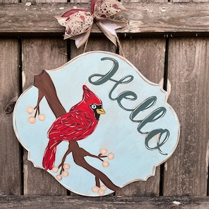 Cardinal door hanger | Cardinal sign | Red Cardinal | Hello Cardinal Sign | Cardinal wreath