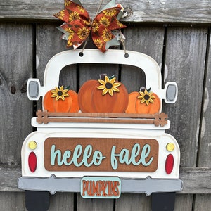 Fall vintage truck | vintage truck door hanger | Pumpkin door hanger | hello fall door hanger