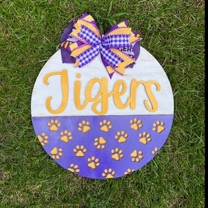 Tigers Door Hanger: Louisiana State, Purple & Gold, 18&quot; Layered Design