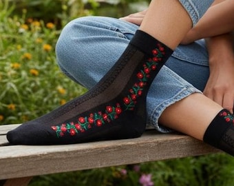 Floral Sheer Socks, 4 Colours, Floral Mesh Socks, Gift for Her, Summer, Flower Patterns