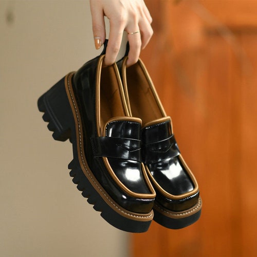 Leather Women Summer Loafers, Woman Chunky Platform Loafer Shoes, Woman Mixed Colors Shoes, Thick Heel Pumps Women, Leather High Heel Shoes