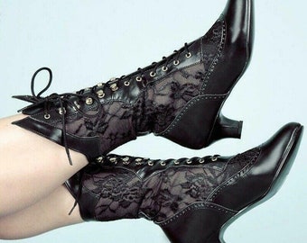 Women Victorian Pointed Toe Mid-Calf Boots, Leather Lace Hollow Out Punk Lace Up Strange High Heel Shoes Plus Size
