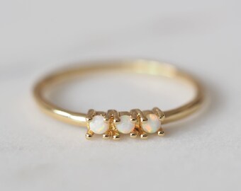 DAINTY OPAL RING - Opal Stacking Rings - Statement Ring Band - Delicate Opal Ring - Triple Opal Ring - Bridesmaid Ring Gift