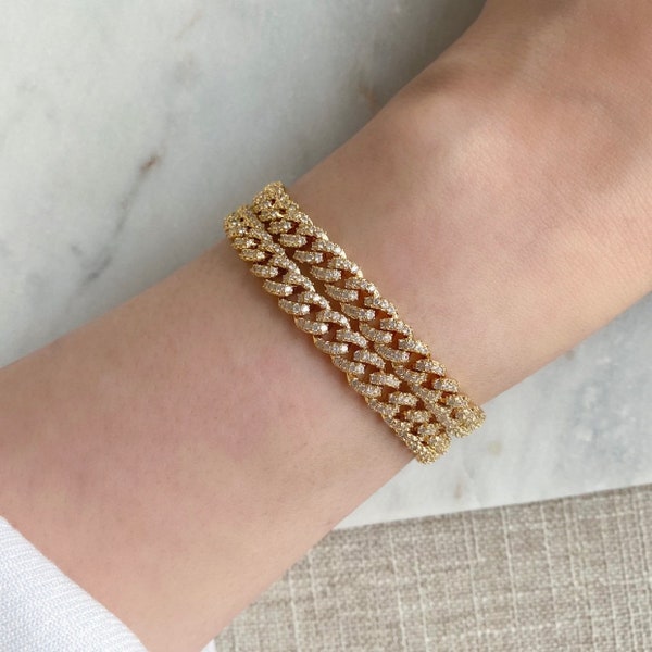 Micro Pave Gold Curb Link Chain Bracelet - Gold Curb Chain Stacking Bracelet with CZ stones - Cuban Chain Bracelet - Chunky Gold Chain